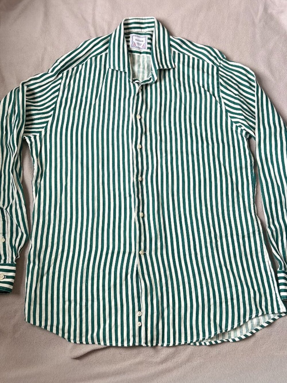 Soloio Spain Suzani Collection Green and White Striped Linen Shirt Men’s 3XL